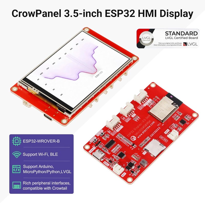 ELECROW ESP32 Display 480x320, 3.5 Inch HMI Touch Screen SPI TFT LCD Touchscreen with Acrylic Case, 32-Bit LX6 Dual-Core Processor, Up to 240MHz, Compatible with Arduino, LVGL, PlatformIO, MicroPython - Image 2